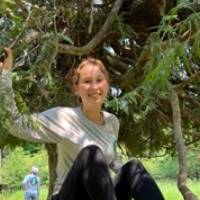 Beaver Island Participant smiles in a tree